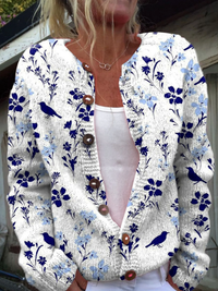 VYNORA™ | VINTAGE FLORAL BIRD PRINT BUTTON-FRONT CARDIGAN SWEATER