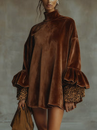 LILY VELVET MINI DRESS WITH LEOPARD PRINT, RUFFLED CUFFS AND HEM