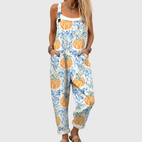 SOFT JUMPSUIT WITH PUMPKINS AND BLUE FLORAL PATTERNS