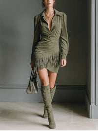 MORLENNA OLIVE GREEN FAUX SUEDE V-NECK WRAP MINI DRESS