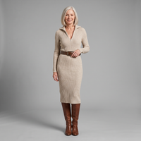 Imogen | Women's Ribbed Knit Midi Dress with Half-Zip Collar and Belt