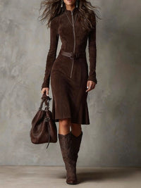 Roweno | Brown Vintage Zipper Belted Midi Dress (Includes belt)