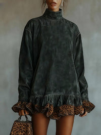 ZARA SUEDE MINI DRESS WITH TURTLENECK AND LEOPARD PRINT PANEL
